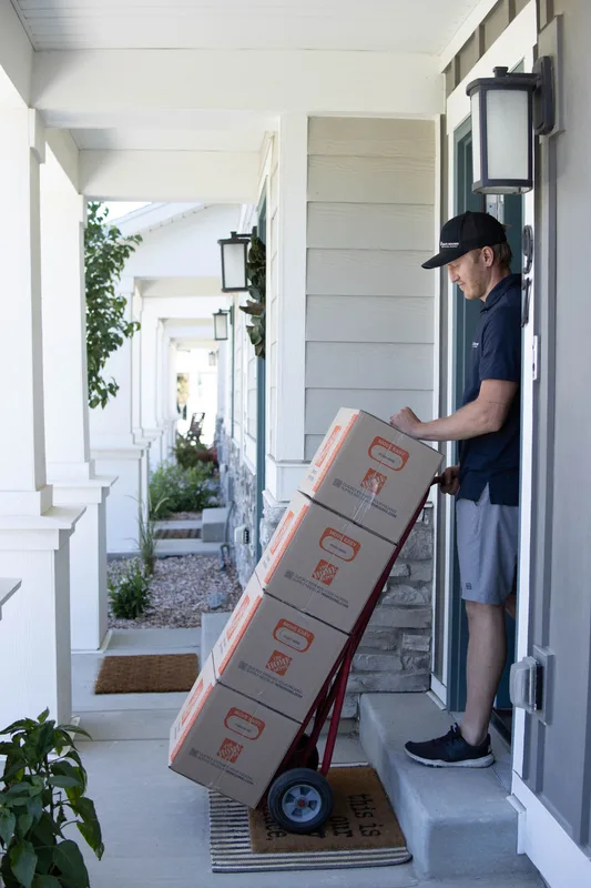 Utah's Moving & Storage mover using a hand truck to move stacked boxes up a front porch